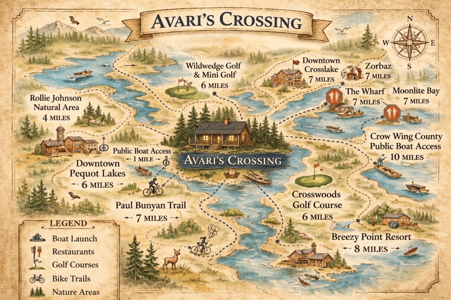 Illustrated map of attractions near Avari's Crossing with distances: public boat access 1 mi, Rollie Johnson Natural Area 4 mi, downtown Pequot Lakes 6 mi, Wildwedge Golf 6 mi, Crosswoods Golf Course 6 mi, Paul Bunyan Trail 7 mi, downtown Crosslake 7 mi, Zorbaz 7 mi, The Wharf 7 mi, Moonlite Bay 7 mi, Breezy Point Resort 8 mi, Crow Wing County public boat access 10 mi